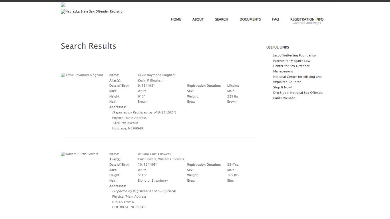 Nebraska Sex Offender Registry: Print Search Results