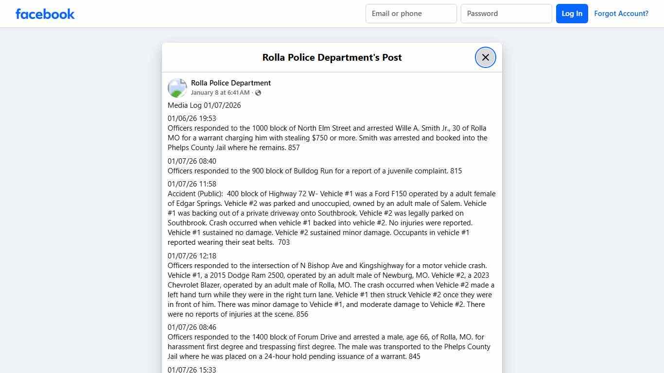 Media Log 01/07/2026 01/06/26... - Rolla Police Department | Facebook